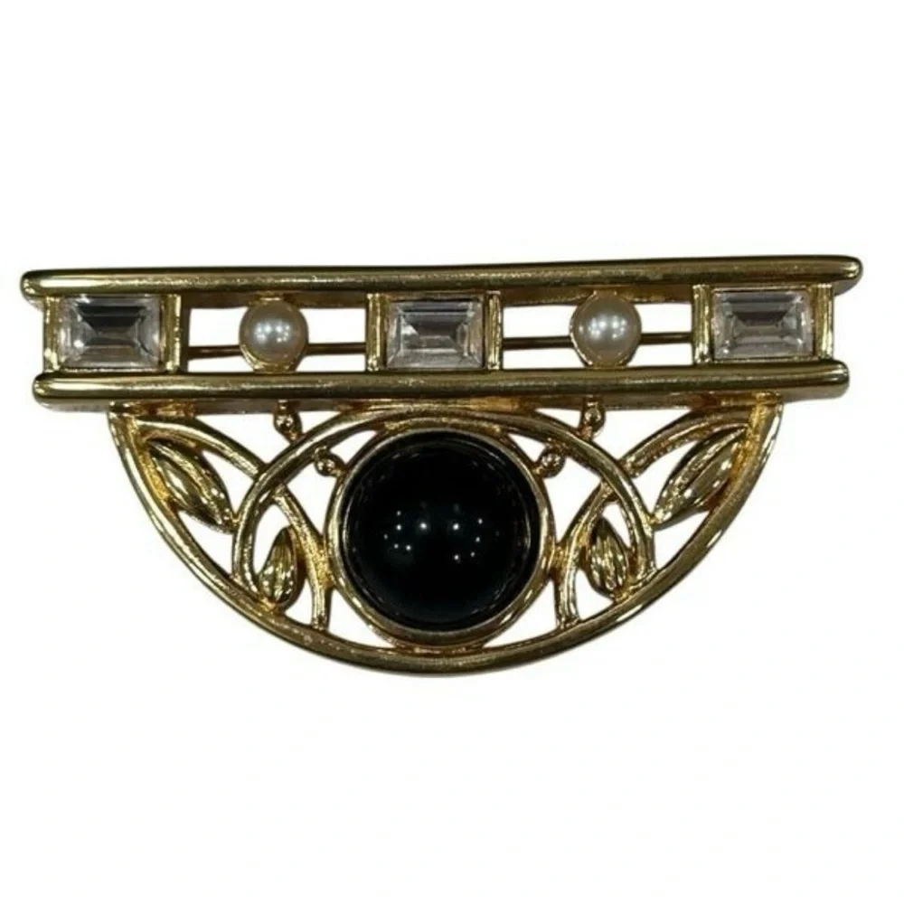 Vintage Monet Art Deco-Style Brooch Women's OS Gold-tone Black Lucite Faux Pearl